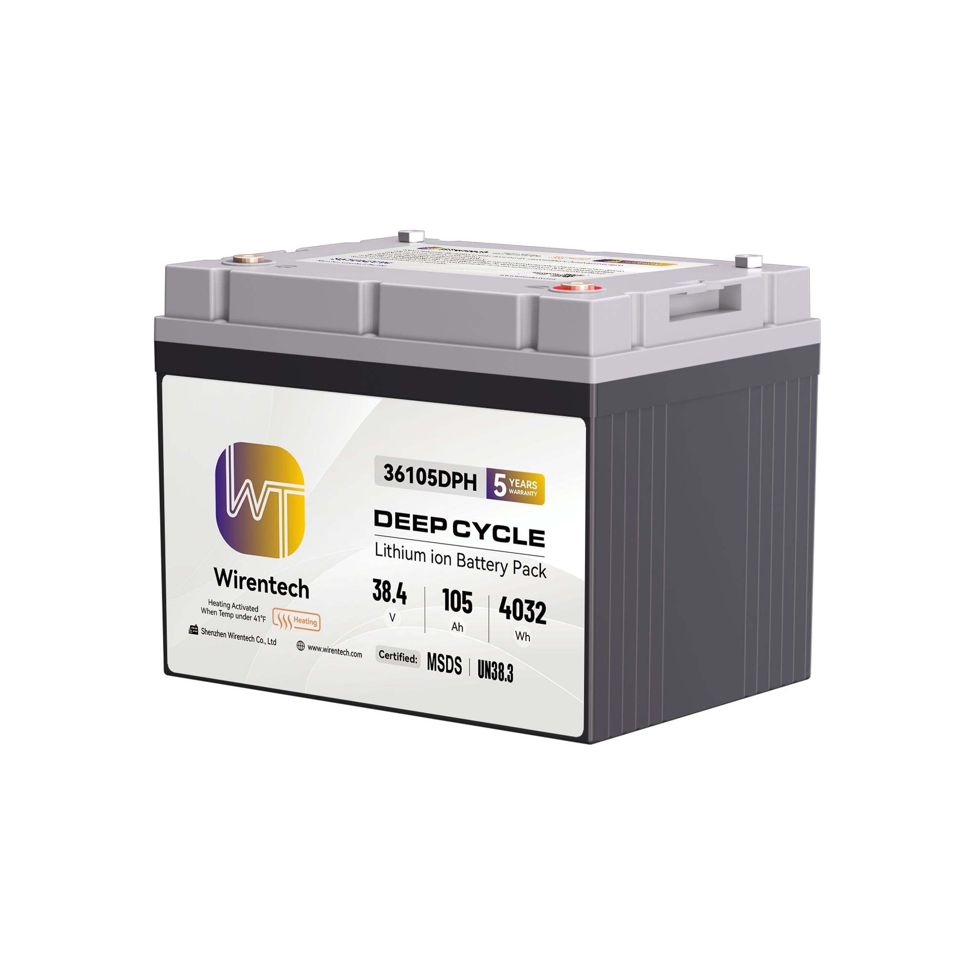 Wirentech 36V 105Ah Self-Heating Lithium Battery with Bluetooth and 150A BMS