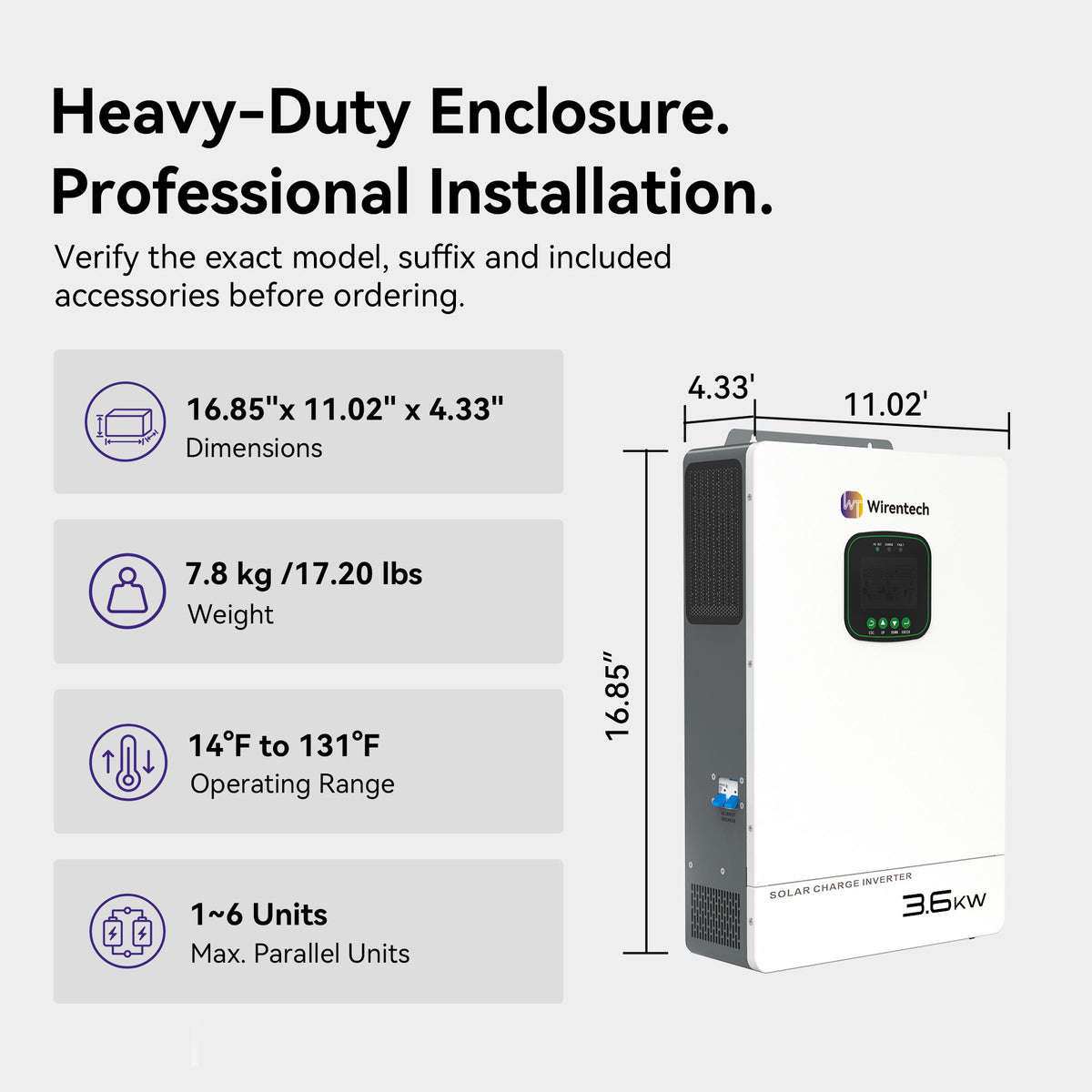 Wirentech 3.6kW inverter measuring 16.85 × 11.02 × 4.33 inches and weighing 7.8 kg, with operating temperature information.