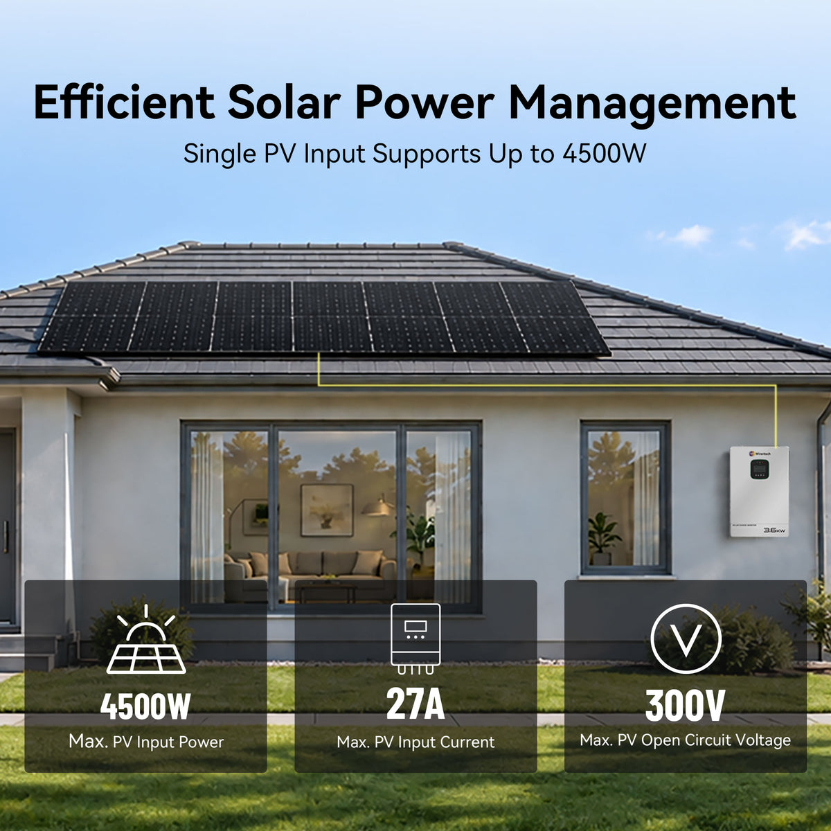 Wirentech 3.6kW inverter with rooftop solar panels, showing a single PV input rated up to 4,500W, 27A, and 300V open-circuit voltage.
