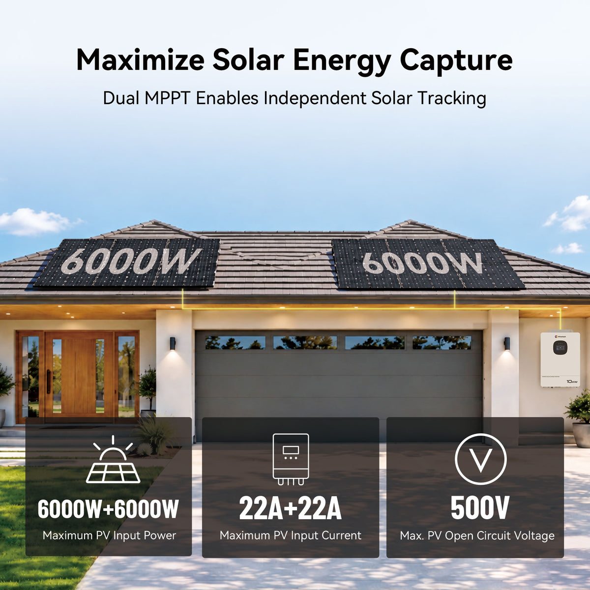 Wirentech 10kW inverter with dual MPPT, two 6000W solar inputs, 22A per input, and 500V maximum PV open-circuit voltage.