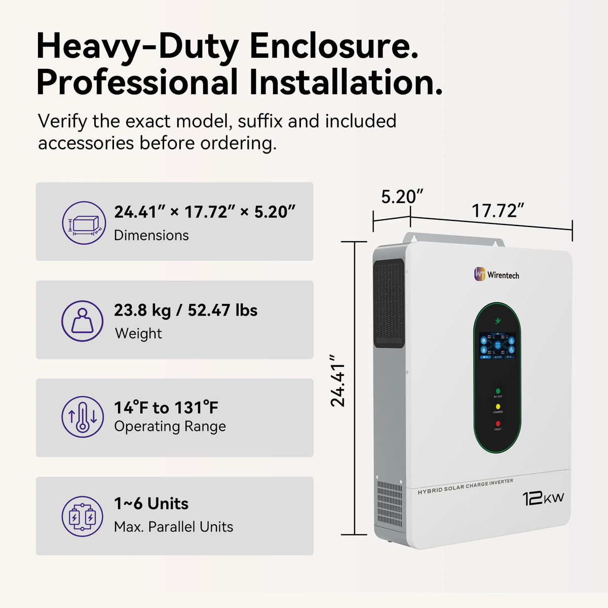 Wirentech 12kW inverter dimensions of 24.41 × 17.72 × 5.20 inches, 23.8 kg weight, and support for up to six parallel units.