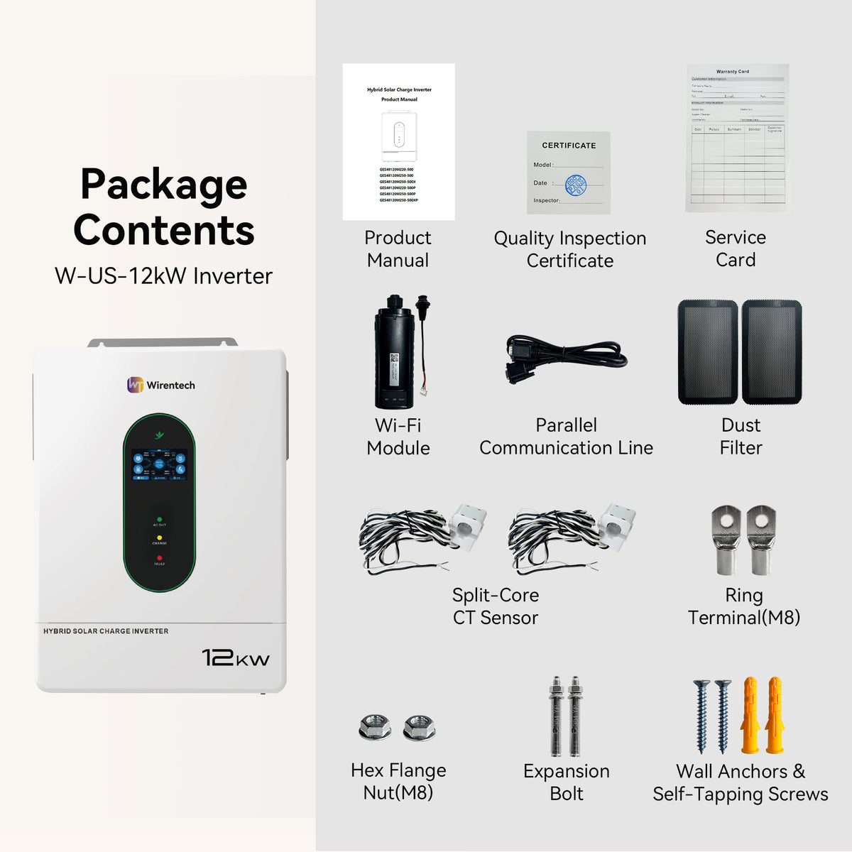 Wirentech W-US-12kW inverter package with Wi-Fi module, parallel cable, two CT sensors, dust filters, documents, and mounting hardware.
