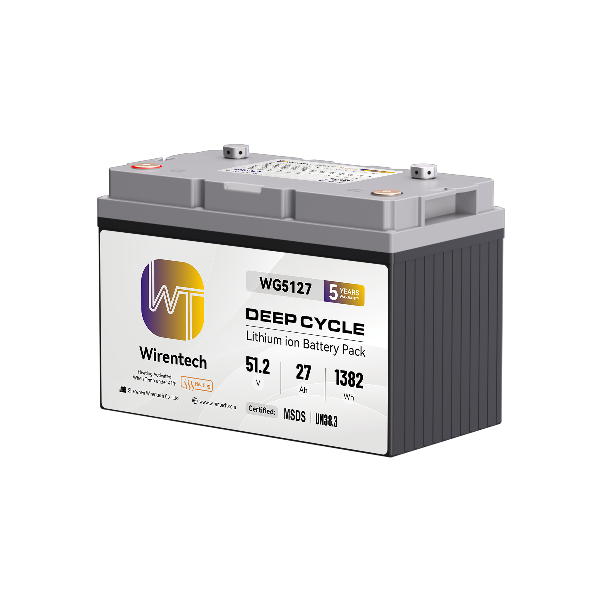 Wirentech 51.2V 27Ah Self-Heating Lithium Golf Cart Battery with Bluetooth and 60A BMS