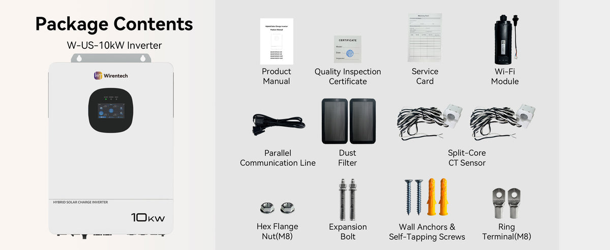 W-US-10KW inverter displayed with documentation, Wi-Fi module, CT sensors, parallel cable, filters, mounting hardware, and terminals.