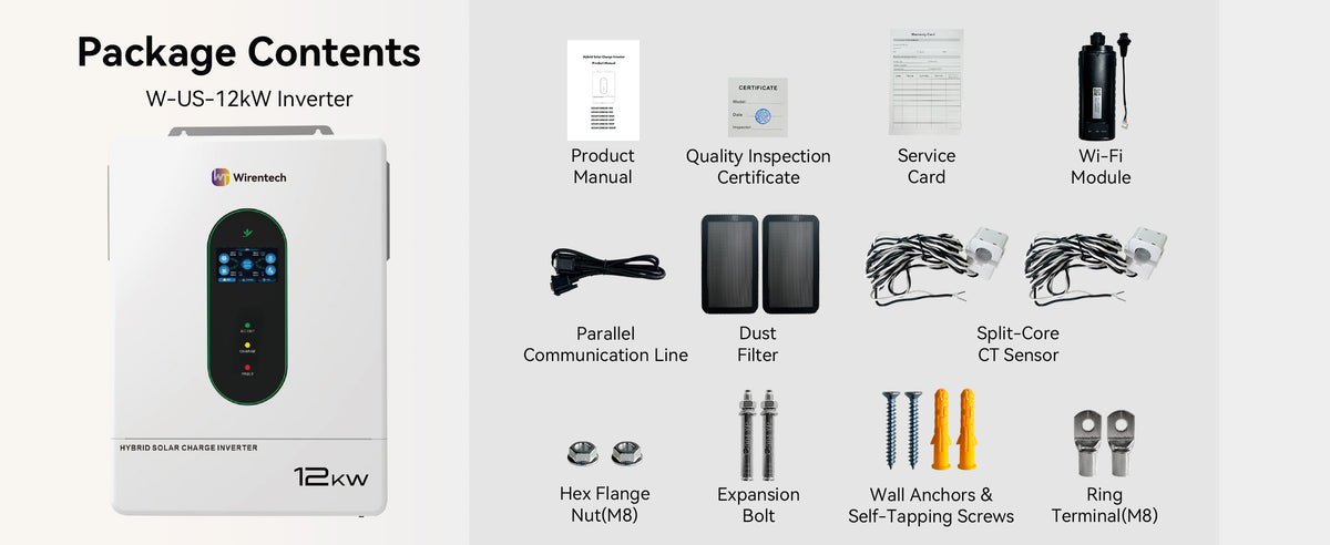 W-US-12KW inverter displayed with documentation, a Wi-Fi module, parallel cable, dust filters, two CT sensors, mounting hardware, and ring terminals.