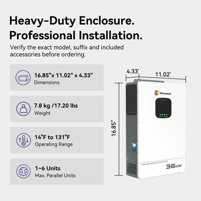 Wirentech 3.6kW inverter measuring 16.85 × 11.02 × 4.33 inches and weighing 7.8 kg, with operating temperature information.