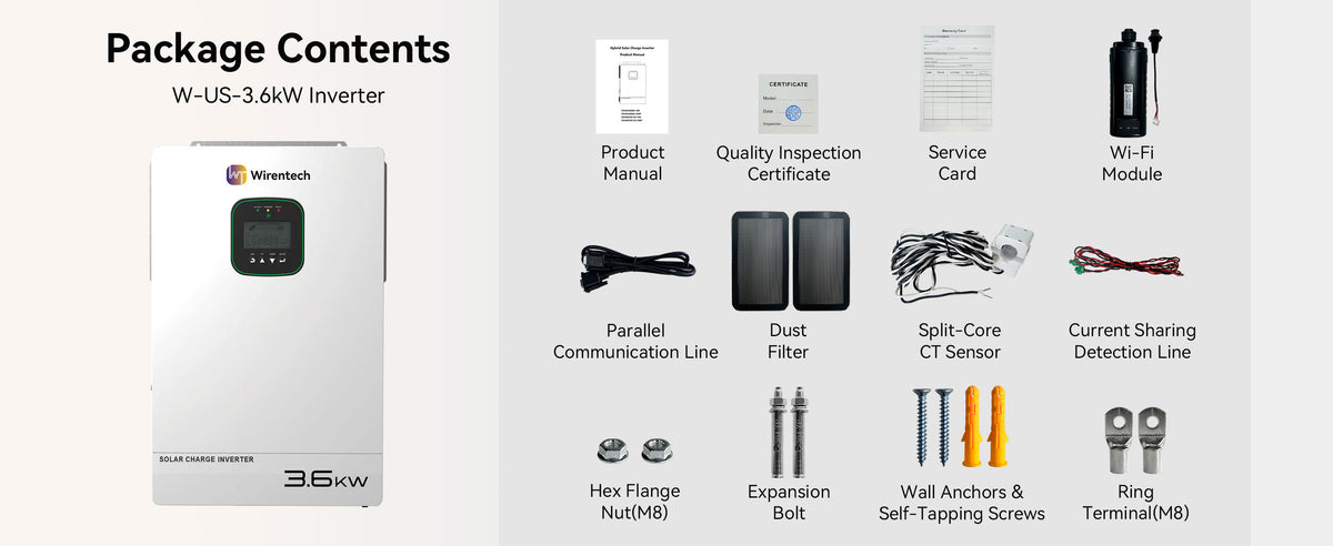 W-US-3.6kW inverter pictured with documents, Wi-Fi module, CT sensor, filters, parallel and current-sharing cables, and mounting accessories.