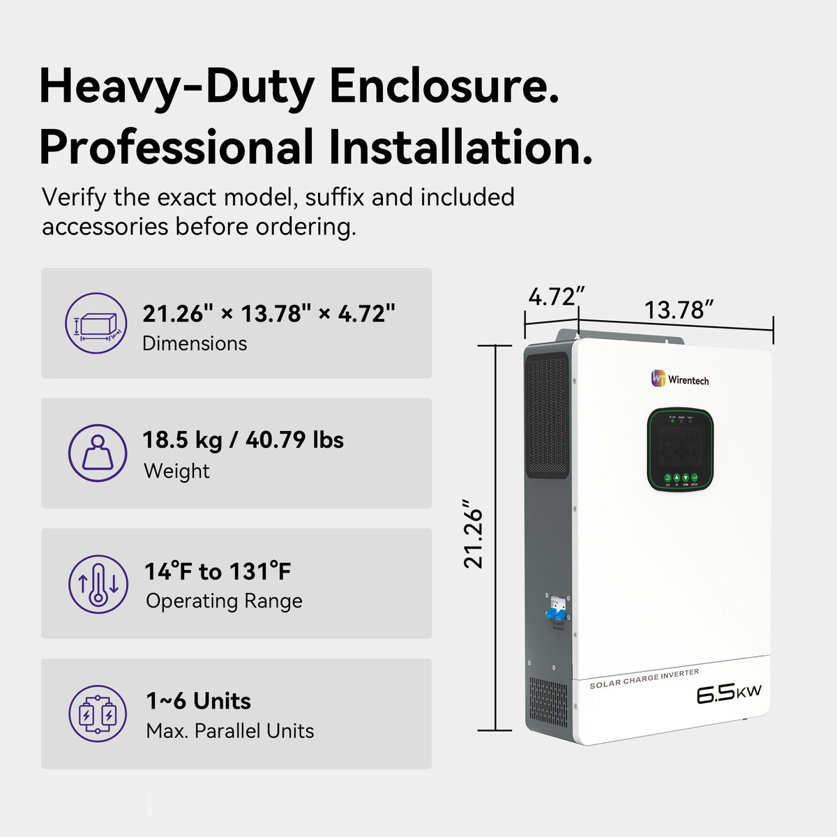 Wirentech 6.5kW inverter measuring 21.26 × 13.78 × 4.72 inches and weighing 18.5 kg, with operating temperature information.