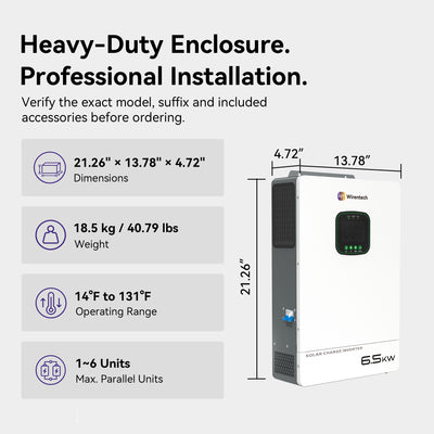 Wirentech 6.5kW inverter measuring 21.26 × 13.78 × 4.72 inches and weighing 18.5 kg, with operating temperature information.