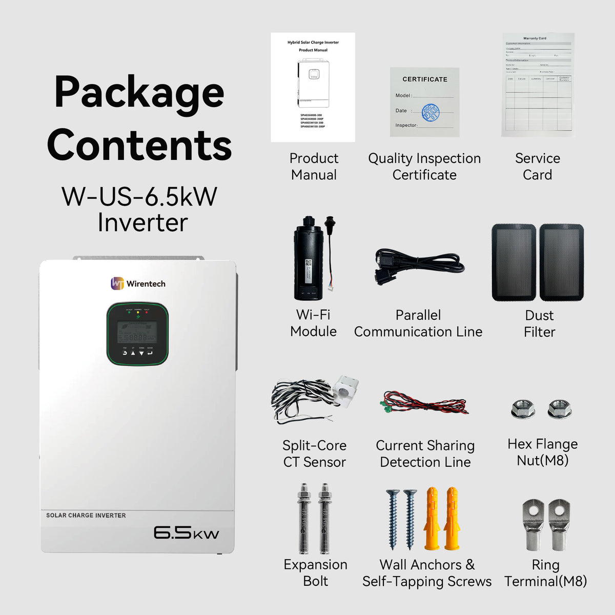 Wirentech W-US-6.5kW inverter pictured with manuals, Wi-Fi module, CT sensor, communication cables, filters, and mounting hardware.
