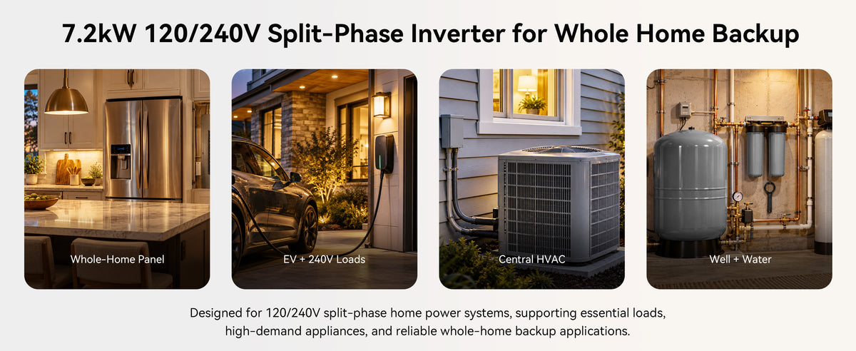 Home backup application examples showing kitchen appliances, EV charging, central air conditioning, and a well water system.