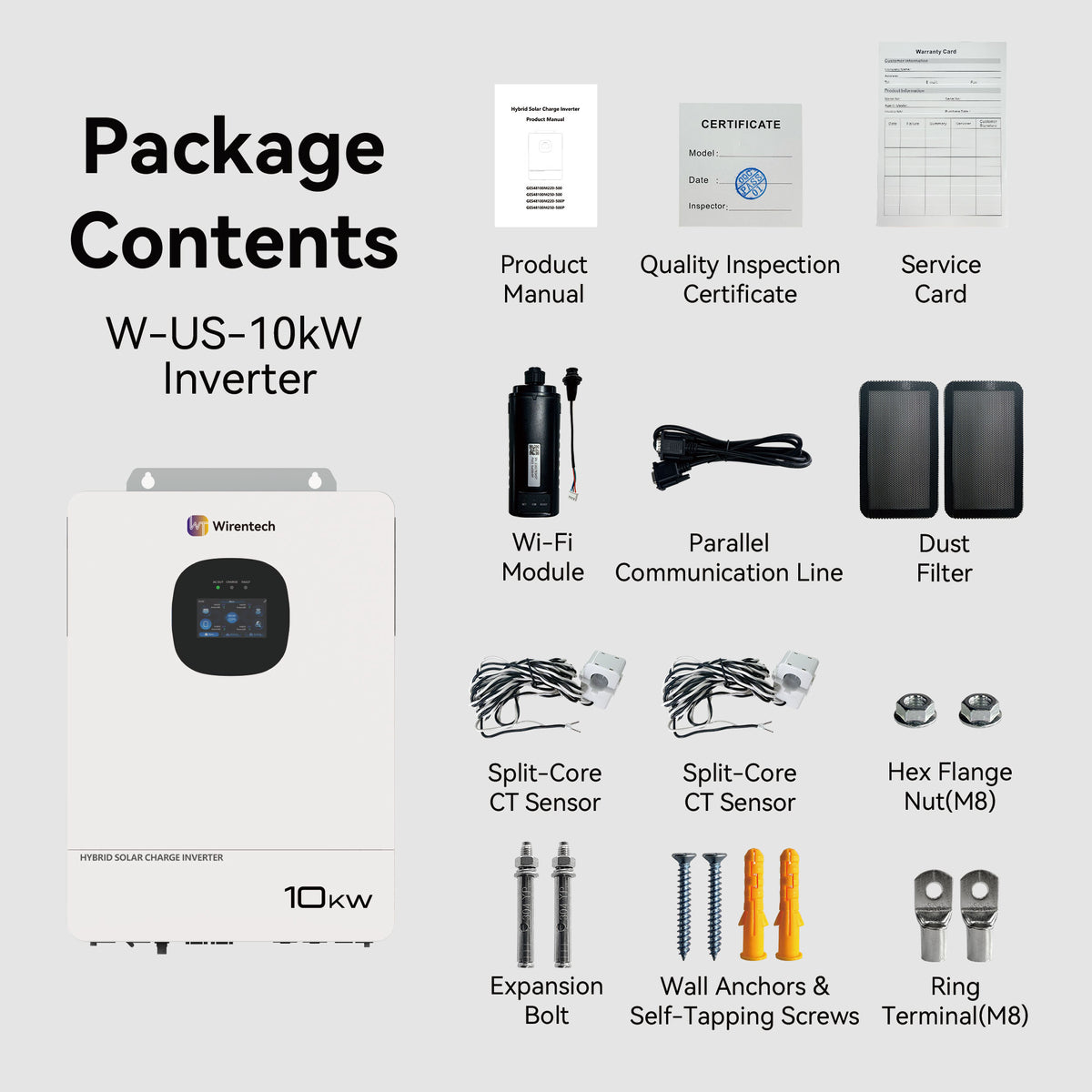 Wirentech 10kW inverter dimensions of 24.41 × 17.72 × 5.20 inches, 23.5 kg weight, and support for up to six parallel units.