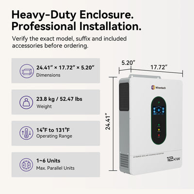 Wirentech 12kW inverter dimensions of 24.41 × 17.72 × 5.20 inches, 23.8 kg weight, and support for up to six parallel units.