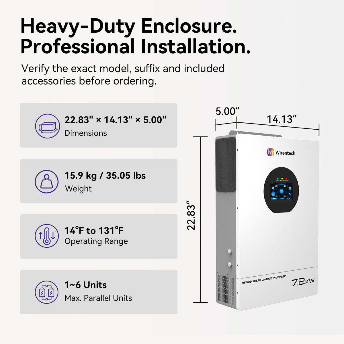 Wirentech 7.2kW inverter dimensions of 22.83 × 14.13 × 5.00 inches, 15.9 kg weight, and support for up to six parallel units.