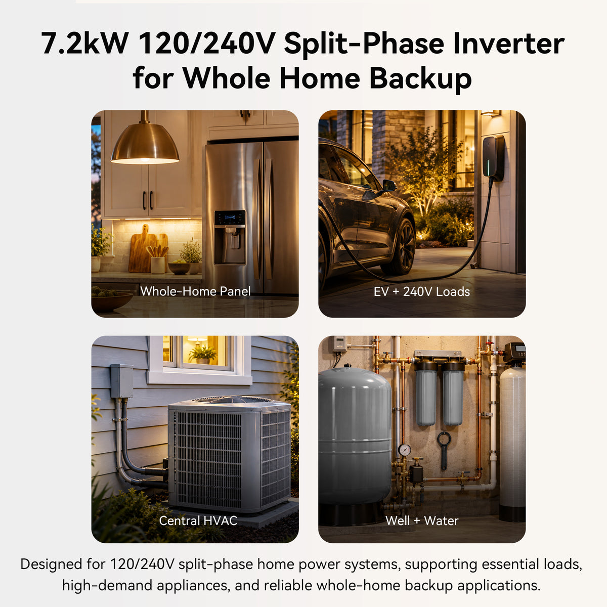 Home backup applications for the Wirentech 7.2kW split-phase inverter, including appliances, EV charging, central HVAC, and well water systems.