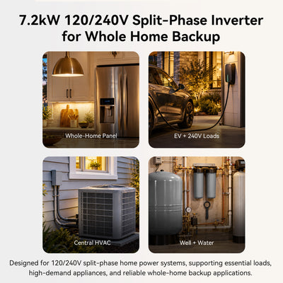Home backup applications for the Wirentech 7.2kW split-phase inverter, including appliances, EV charging, central HVAC, and well water systems.
