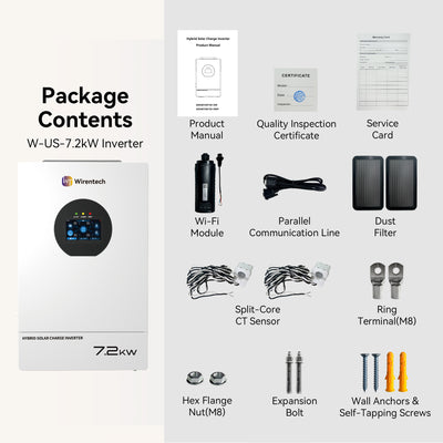 Wirentech W-US-7.2kW inverter package with Wi-Fi module, parallel cable, two CT sensors, dust filters, documents, and mounting hardware.