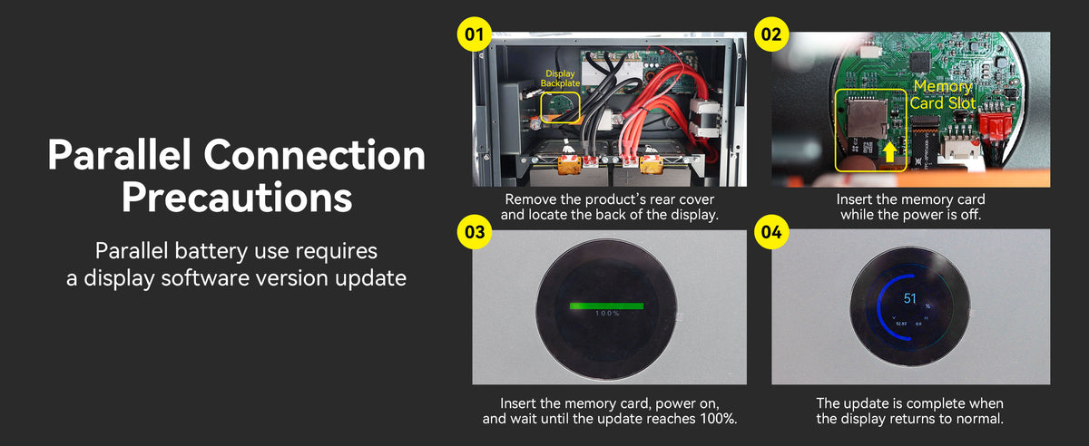 WP51314 battery display software update guide for connecting multiple units in parallel, showing memory card insertion and update progress.
